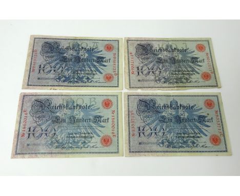 A collection of various vintage bank notes including Reich Bank 100 mark notes Berlin 1908, also Spanish, Brazilian etc.