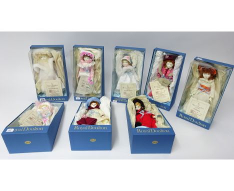 Royal Doulton dolls 'Kate Greenaway Collection' including, 'Swansdown', 'Pink Ribbons', 'Pink Sash', 'The Muff', 'Small Siste