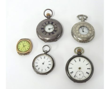 A silver half hunter pocket watch, two silver open faced pocket watches, Tissot vintage wristwatch and modern quartz watch, w