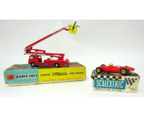 Corgi Toys, Simon Snorkel fire engine 1127, boxed together with Scalextric racing car (2).