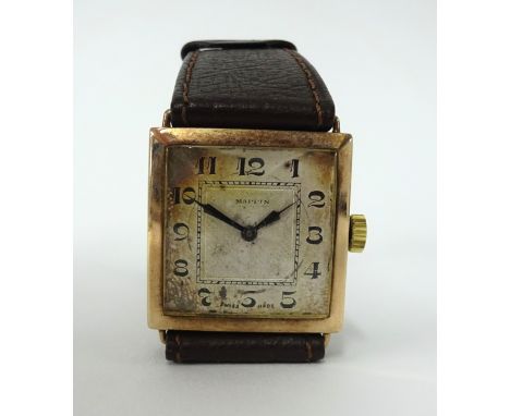 Mappin, a vintage small gents square 9ct gold wristwatch with inscription verso 1931.