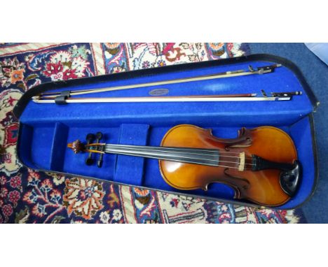 A viola, cased with two bows.