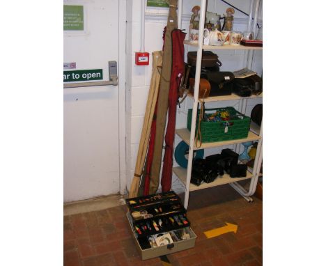 Vintage fishing rods, together with a case of lures and other fishing accessories 