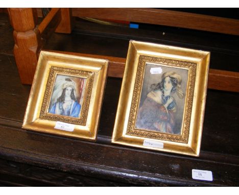 A miniature watercolour portrait of exotic lady, together with one other - the largest measuring 13cm x 9cm