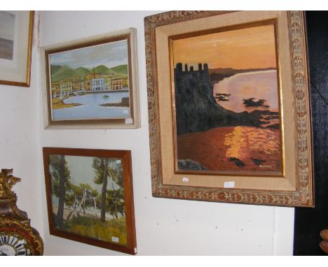 An oil on canvas impressionist style of coastal scene, together with two others