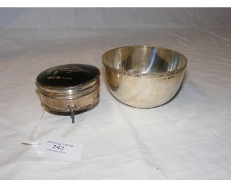 A small silver bowl - 9.5cm diameter, together with a silver ring box