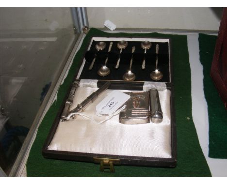 Silver coffee spoons in presentation case, cheroot holder, lighter etc.