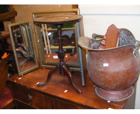 A wine table, triptych dressing table mirror, copper coal scuttle and ammunition belts  