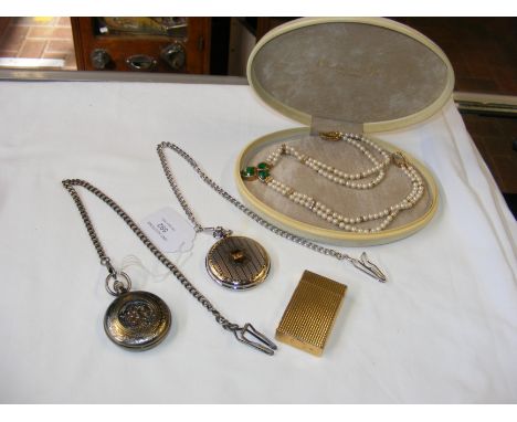 A Dupont vintage lighter, reproduction pocket watches etc.