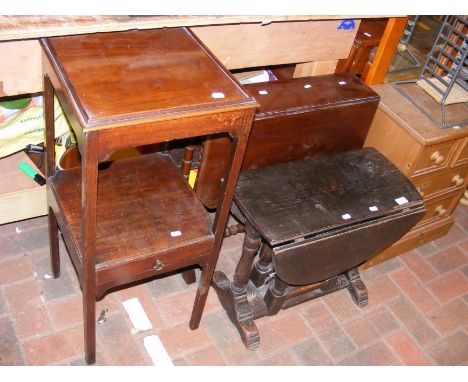 An old oak gate-leg occasional table, together with a mahogany drop-leaf occasional table and a two tier square display stand