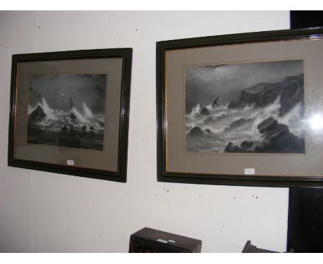 E.W PEWTRILL - a pair of pastel and charcoal drawings of rough coastal scenes, signed and dated 1905