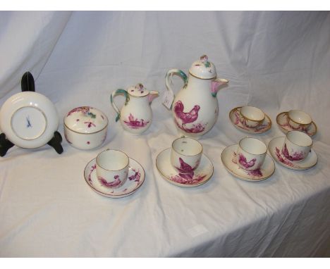 An early hand painted tea service with cockerel and insect decoration etc. having blue crossed sword mark to base (purportedl