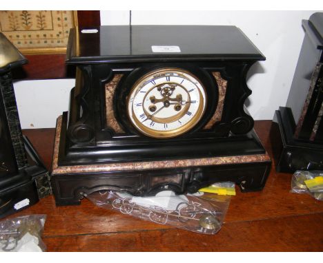 A Victorian slate and marble mantel clock with visible escapement - 35cm wide