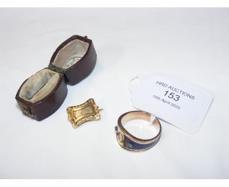 An antique yellow metal and enamel mourning ring, together with small 18ct mourning brooch CONDITION REPORT In our judgement,
