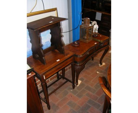 An antique work table with fitted drawer, together with an occasional table and stool