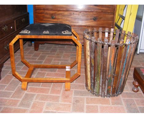 An Art Deco burr walnut dressing table stool, together with a rustic log basketCONDITION REPORTseems in good condition
