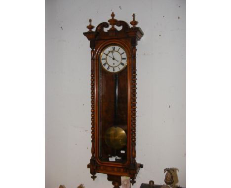 An antique Vienna regulator wall clock, having enamel dial - 100cm long