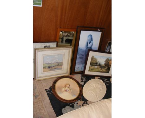 An oval watercolour portrait of young girl, together with assorted pictures and pine wall mirror etc.