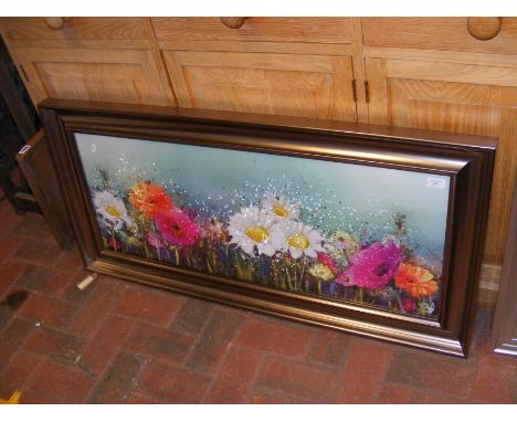 A contemporary print of flowers with relief work to glazing 