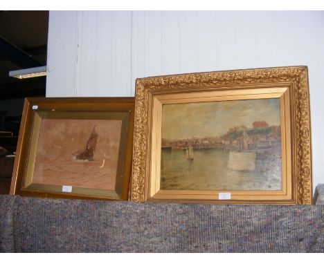 ATTWOOD - oil on canvas of coastal scene, together with one other 19th century watercolour of fishing vessel under sail