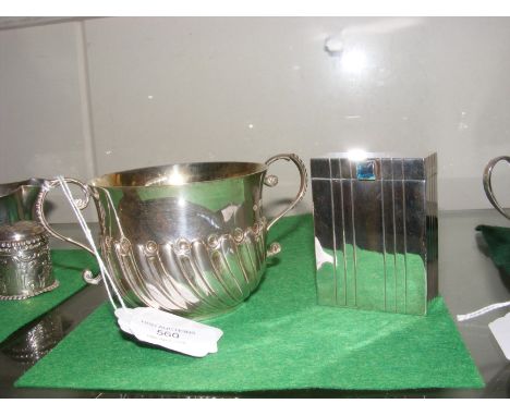 A two handled silver bowl, together with a plated playing card case