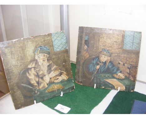 A pair of early paintings on panel of men counting money - 17cm x 18cm