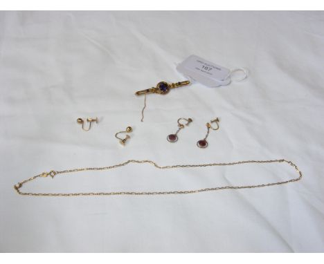 An antique amethyst bar brooch, together with earrings and chain