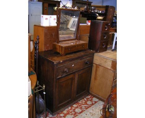 An antique Victorian toilet mirror with single drawer - width 51cm, together with an oak utility cupboard - width 87cm  