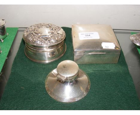 A silver cigarette case, circular ring box, together with silver capstan inkwell
