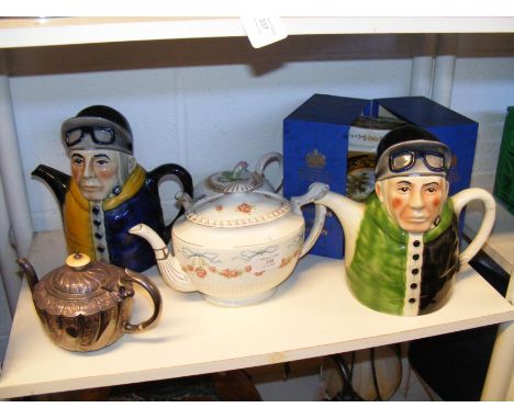Two Tony Wood jockey teapots, together with Twinings of London ceramic tea caddy and other collectables 
