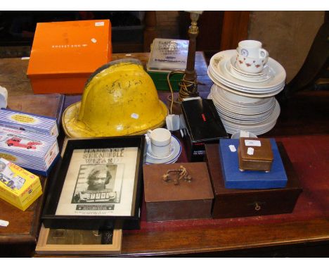 A sundry lot of collectables, including a Derbyshire Fire Service helmet 
