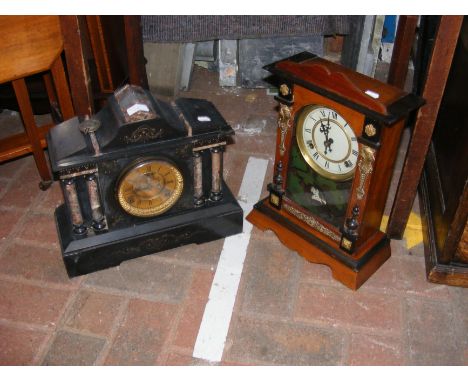 A Victorian slate and marble mantel clock, together with a wooden mantel clock