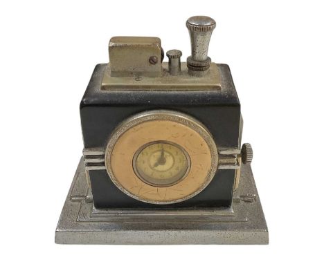 RONSON; a 1930s Art Deco chrome and bakelite table lighter, the front set with small clock face, height 10cm, width 10cm.