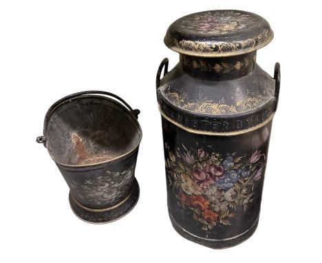 A hand painted floral decorated twin handled milk churn, height 73cm, and a matching hand painted floral decorated coal bucke