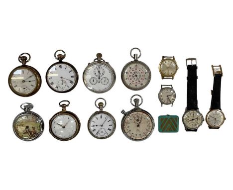 Six assorted pocket watches, two stop watches including a chrome plated cased Timex example, a self-winding watch, two watch 