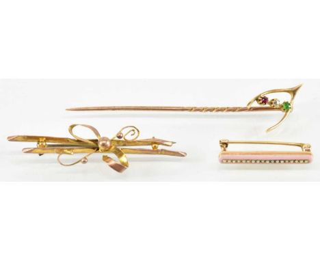 A 14ct yellow gold seed pearl and pink enamel bar brooch, length 2.5cm, a 15ct yellow gold white, green and red stone set hat