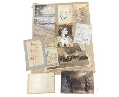 A group of unframed and unmounted pictures including a charcoal drawing in the style of Max Beerbohm (James Welch), 26 x 18cm