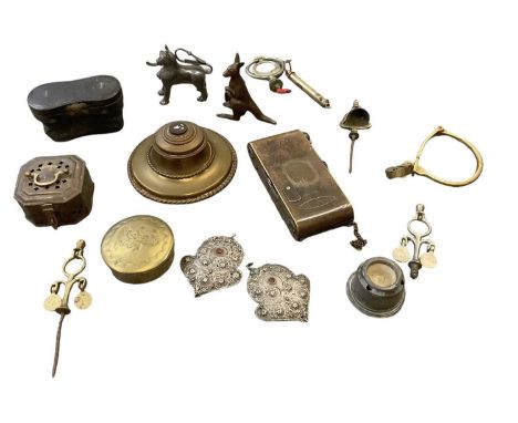 A group of various small metal collectables including a 19th century circular brass inkwell, with small pietra dura mosaic to