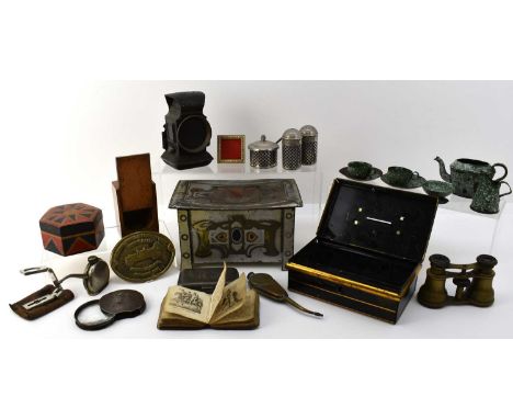 A quantity of collectables including a Peek Frean &amp; Co Ltd biscuit tin in the form of an Art Nouveau casket, height 10.5c