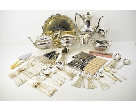 A collection of assorted silver plate comprising four piece tea set with bone finial knops, tray, two handled bowl, wine coas