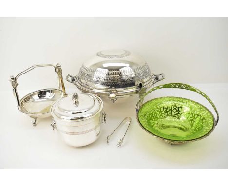 A collection of assorted silver plate, including a water based Victorian style food warmer with dome lid, ice bucket with pin