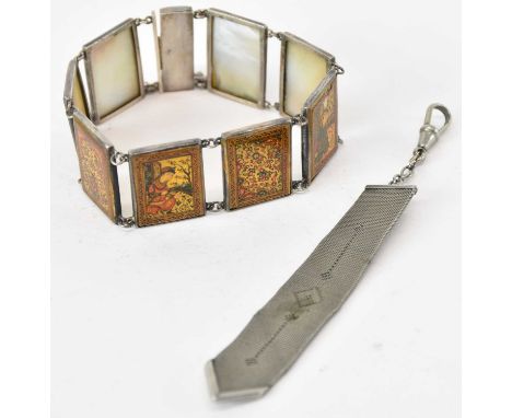 A Persian Qajar white metal bracelet, set with eight painted mother of pearl rectangular panels, each approx 2 x 1.5cm, and a