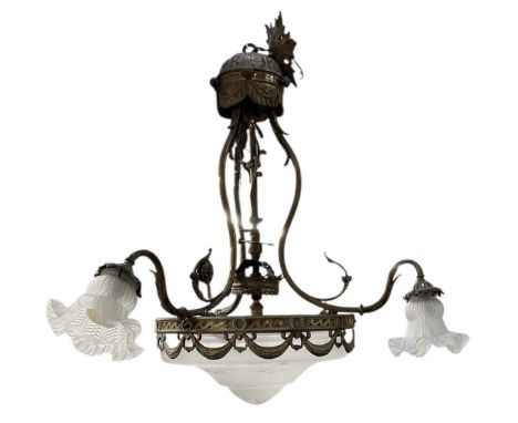 A 19th century French gilt metal three branch ceiling light, with frosted glass shades, height approx 70cm.