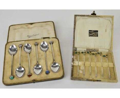 ADOLPH SCOTT; a cased George V hallmarked silver set of six cocktail sticks, with enamelled rooster to the top, Birmingham 19