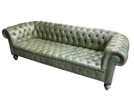 A reproduction green leather button upholstered Chesterfield sofa, width 220cm.