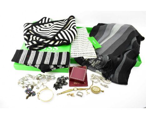 A group of lady's designer textiles and mixed costume jewellery including a Hugo Boss wool scarf with seven grey tone stripes