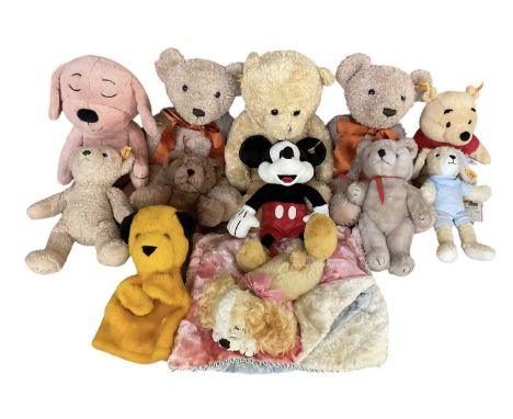 STEIFF; seven stuffed plush animals and bears including three teddy bears, Mickey Mouse, Winnie-the-Pooh, a rabbit, three fur