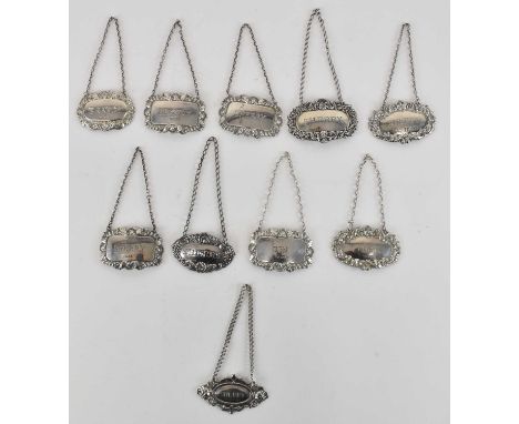 Ten modern late 20th century hallmarked silver decanter labels, including six 'Sherry', two 'Brandy', a 'Gin' and a 'Port', c