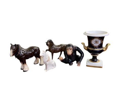 BESWICK; a ceramic model of a horse, height 19cm, a further model of a shire horse, height 21cm, a Belleek figure of a white 