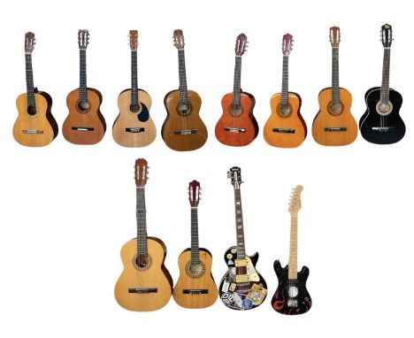 Ten acoustic and two electric guitars, including modern Chinese and Japanese acoustic guitars, Stagg, etc (12).